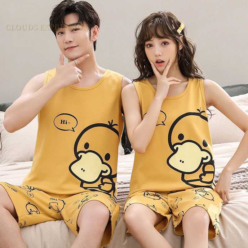 Summer Knitted Cotton Cartoon Duck Mens Pajama Sets Mens Sleep Lounge Sleeveless Shorts Pants Couple Pajamas Fashion Homewear Y240913
