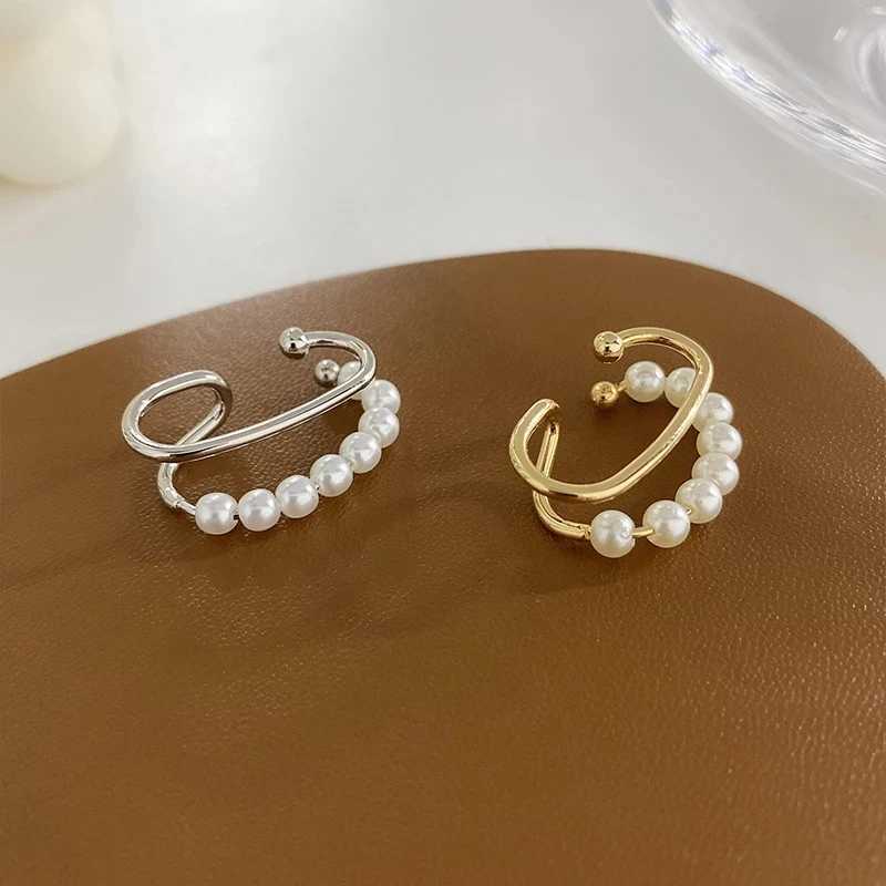 New Korean Retro Gold Silver Color Double Layers Pearl Earcuff Fake Piercing Clip on Ear Cuff Earrings for Women Fashion JewelryX240913