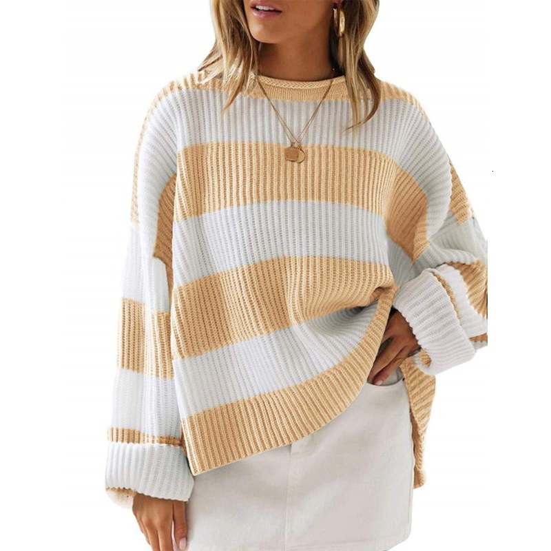 2024 autumn and winter round neck long sleeved color blocked striped knitted for women's trumpet sleeve sweater