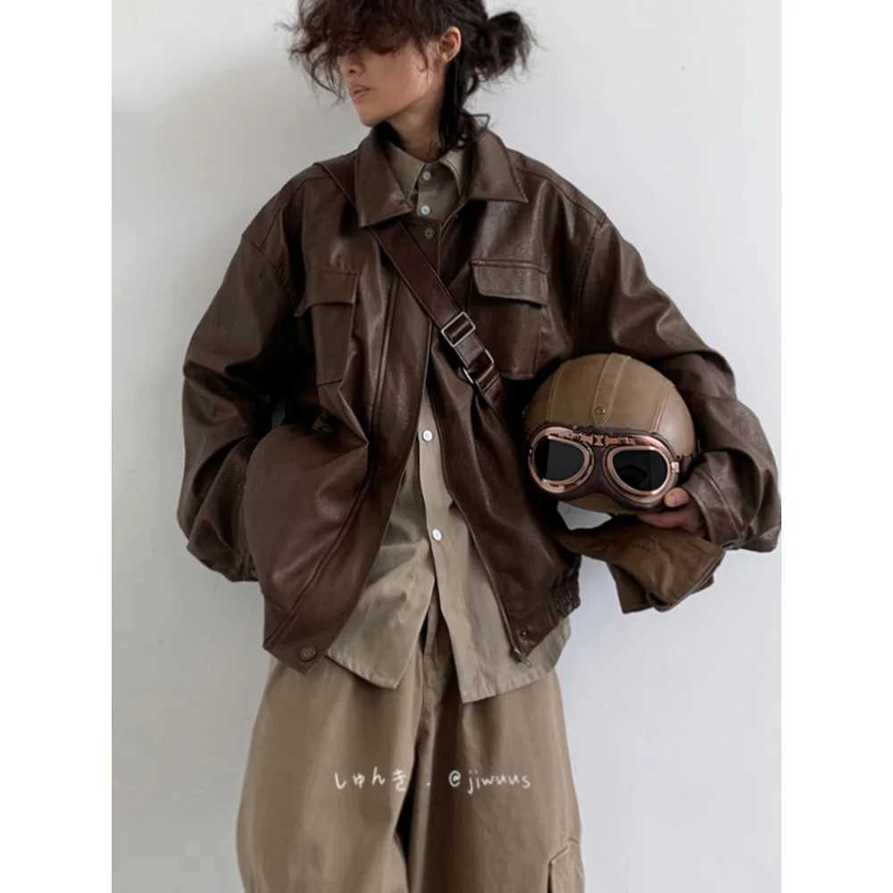 Autumn Winter Vintage Oversized Cool Brown Black Soft Pu Leather Jacket Men Pockets Loose Casual Unisex Clothes 2024X240913