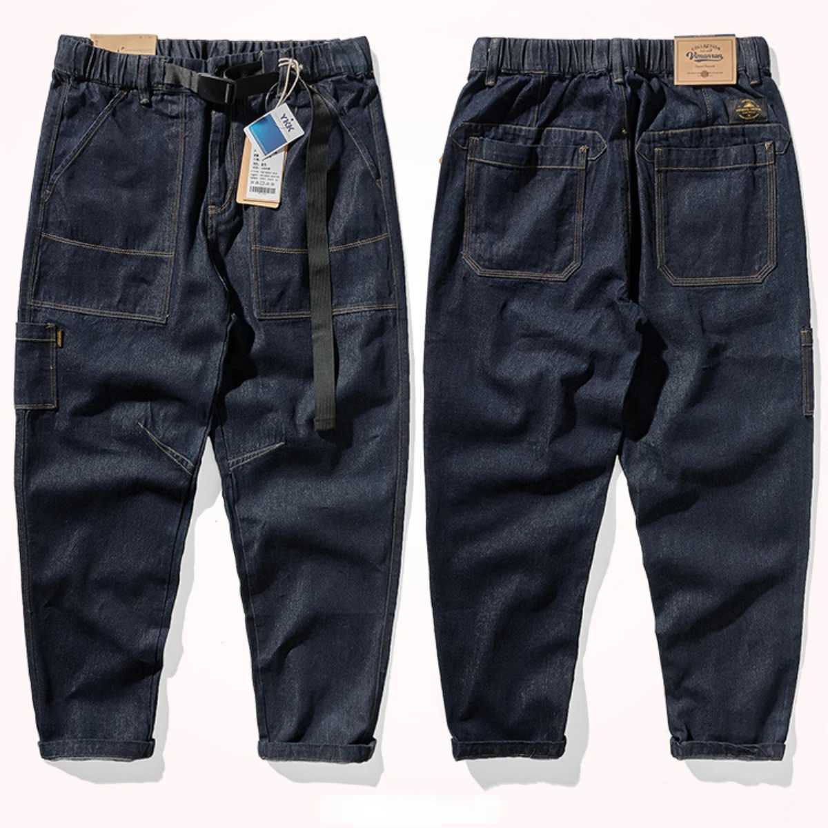 Retro work jeans in autumn mens loose multi-bag straight trousers M240912