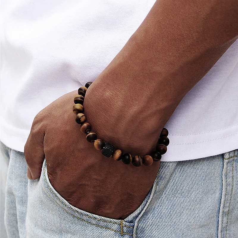 Mens Bead Bracelet Charm Fashion Simple Style Jewelry Gift Square Volcanic Stone Bead Tiger Eye Stone White Energy Bracelet W240913