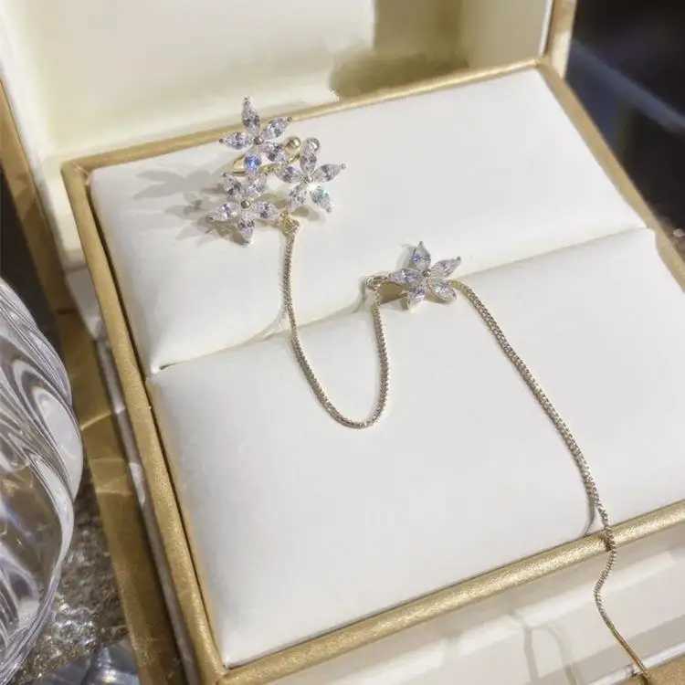 1pcs Retro Ear Bone Ear Clip Ear Thread Integrated Tassel Long Stud Temperament Flower 925 Silver Needle Clip Ear AccessoriesX240913