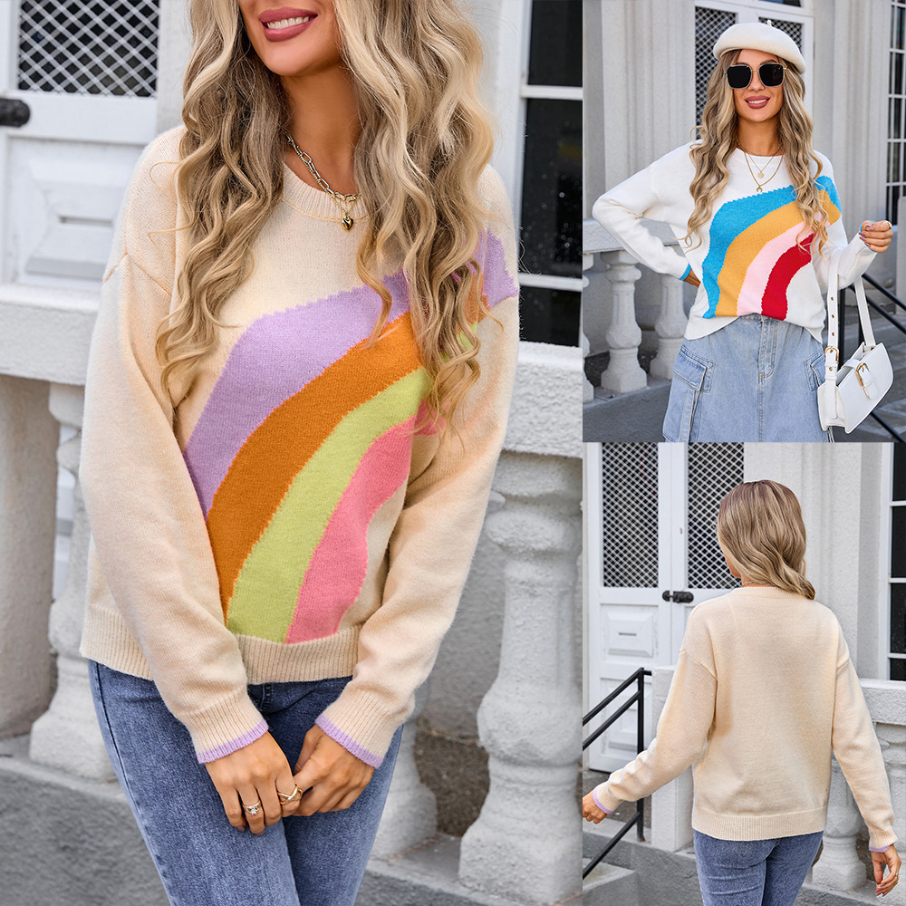2024 Autumn New Women's Clothing Splicing Rainbow Stripes Internet Red Fashion Knitted Sweater for Women
