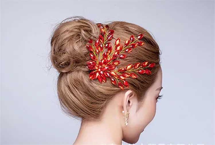 Big Leaf Bridal Head Jewelry Piece Flower Red Rhinestone Hair Vine Chinese Wedding Hair Accessories For Bridesmaid Head DressX240913