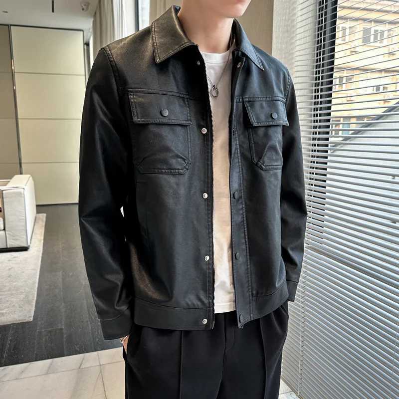 Mens Leather Clothing Spring Autumn New Solid Color Chest Mouth Design Trend High Street Lapel Coat Men Fashion Leather JacketX240913