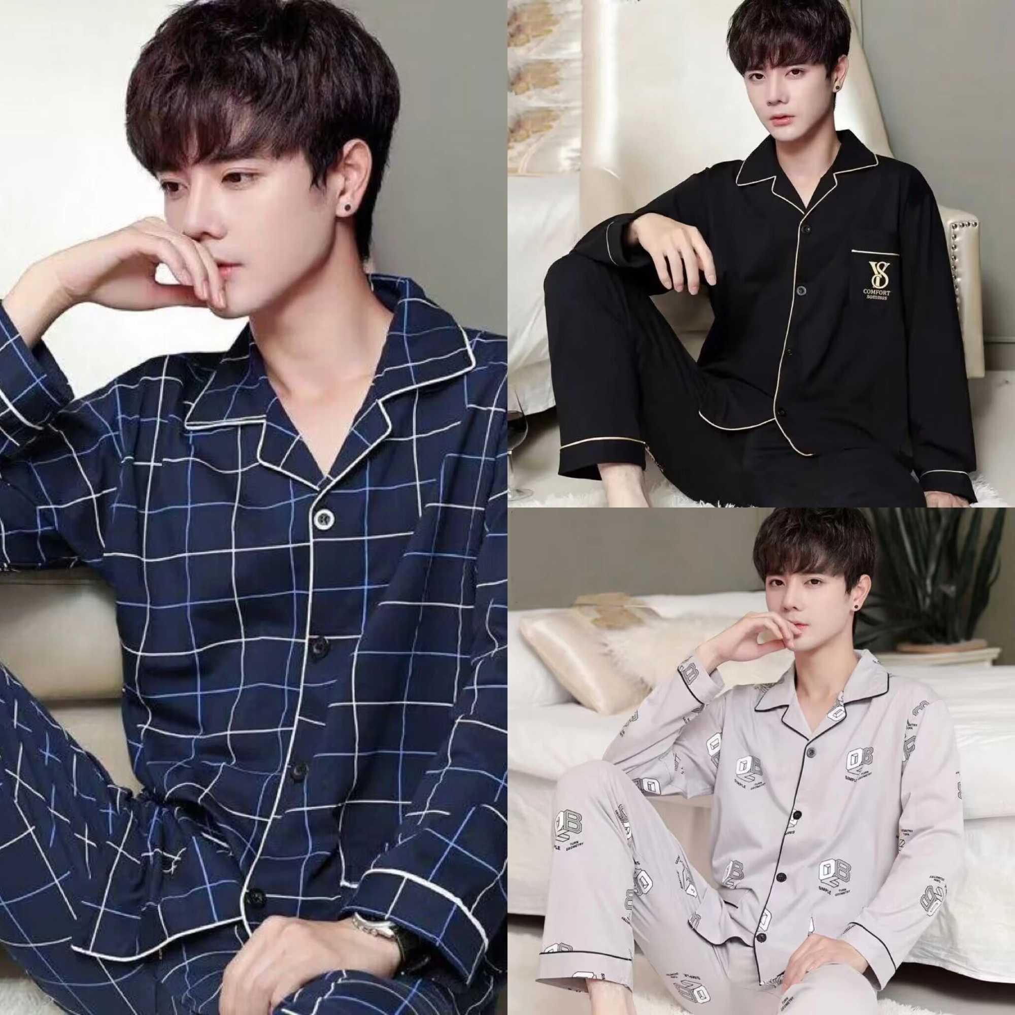 Spring And Summer Cotton Mens Pajamas Long-Sleeved Trousers Boys Pajamas Suit Teenagers Casual Homewear Suit Y240913