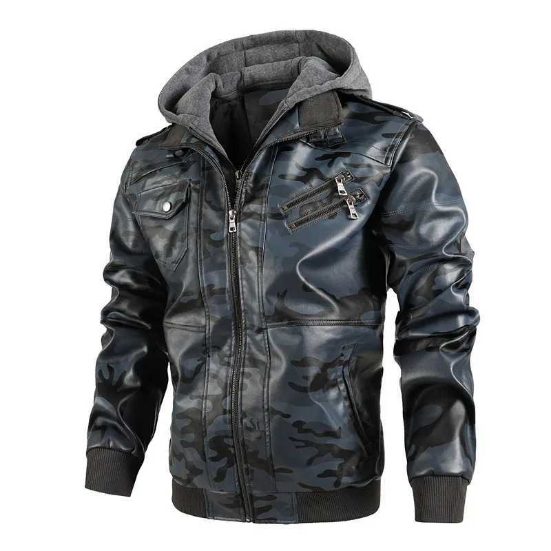Men Hooded Leather Jackets Camouflage Casual Leather Coats New Male Street Wear Motorcycle Leather Jackets Hat Detachable 4XLX240913