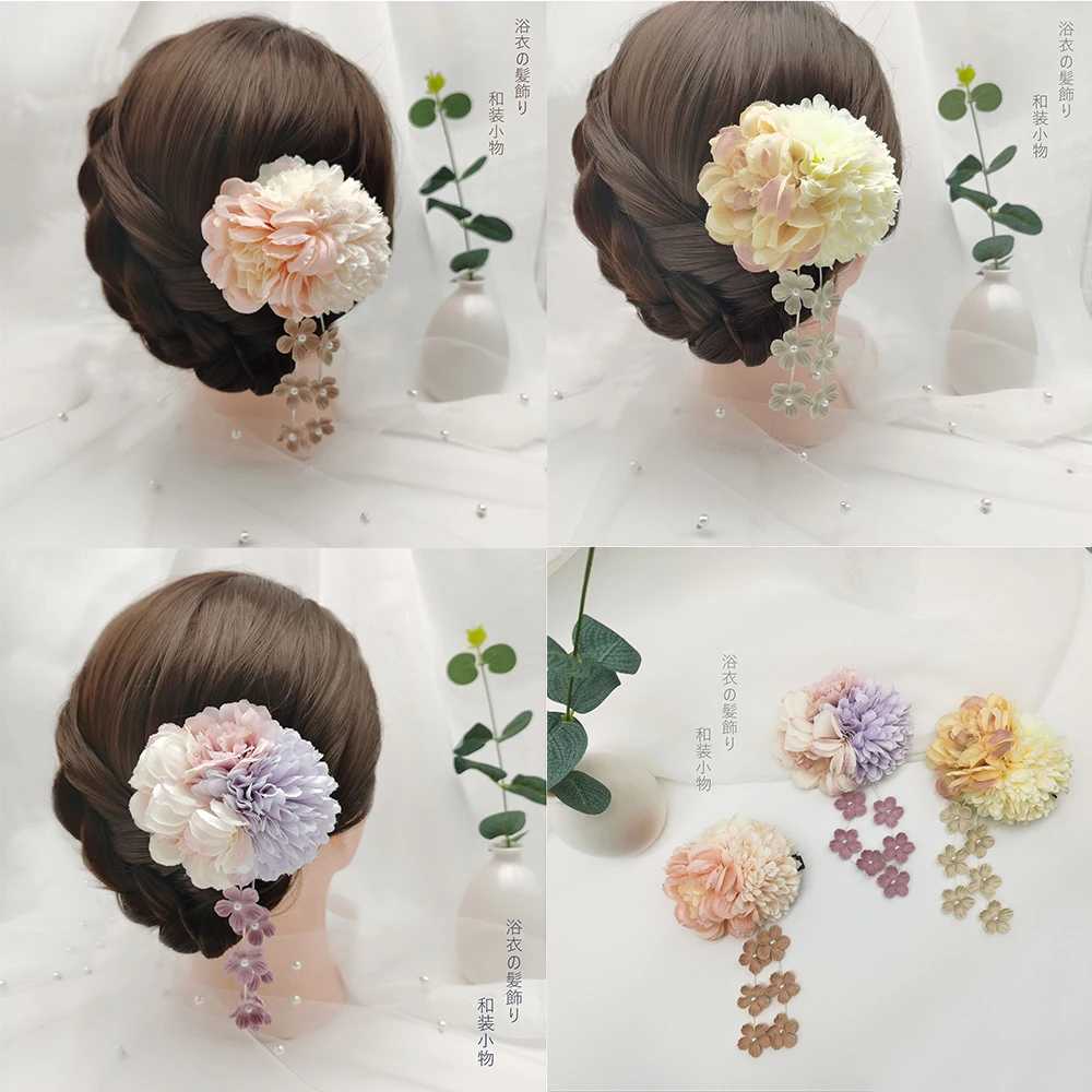 Japanese Handmade Fabric Flower Hair Accessories Clip Tassel Kimono Hairpin Headdress Geisha Barrette Wedding Festvial HairpinsX240913