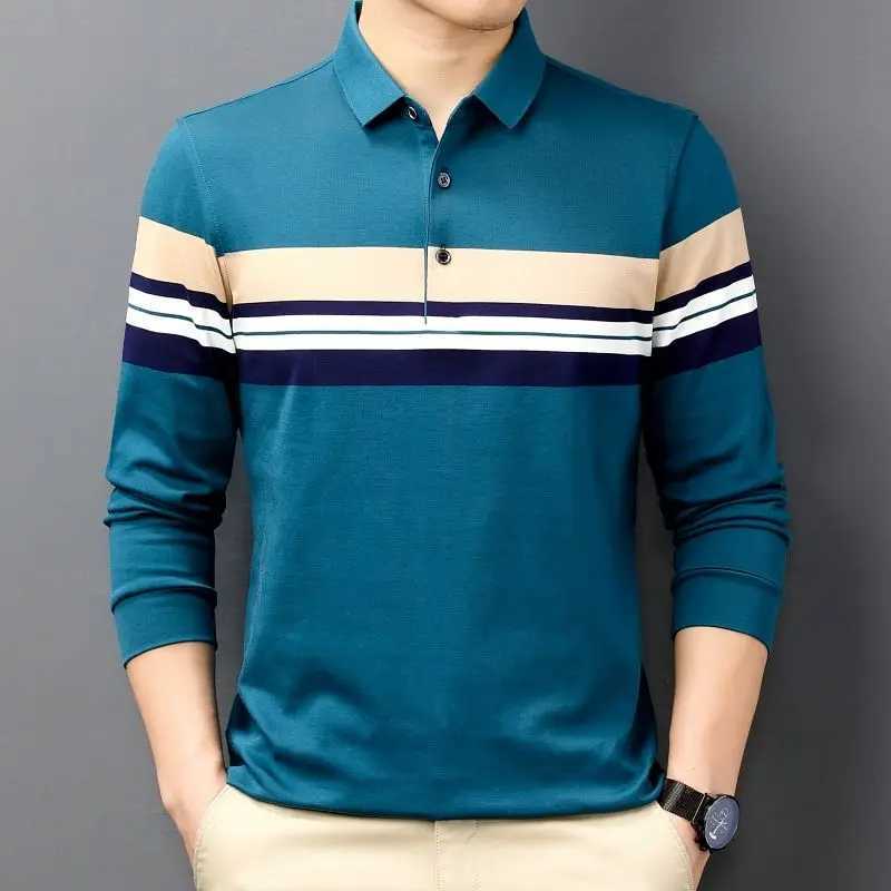 Fashionable Spring Mens Polo Neck Long Sleeve Comparison Button Polo Shirt Autumn Loose and Comfortable Casual Top W240913
