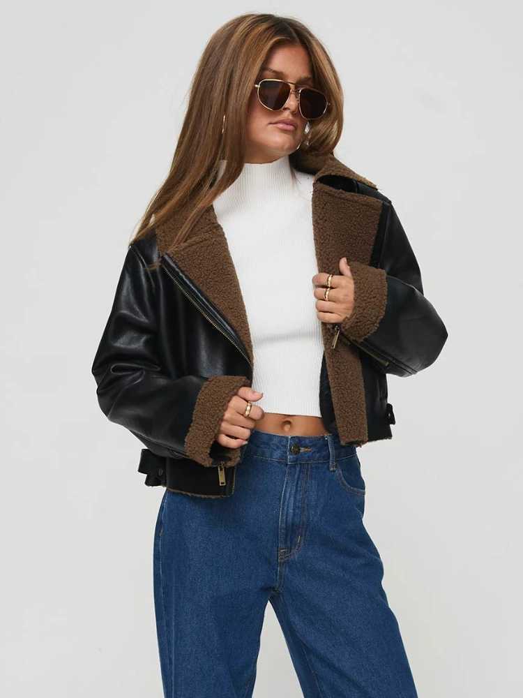 Women's Jackets ZBZA Women PU Leather Warm Locomotive Jacket Coat Lapel Long Slves Oblique Zip Pocket Thick Outerwear Winter New Female Coat Y240