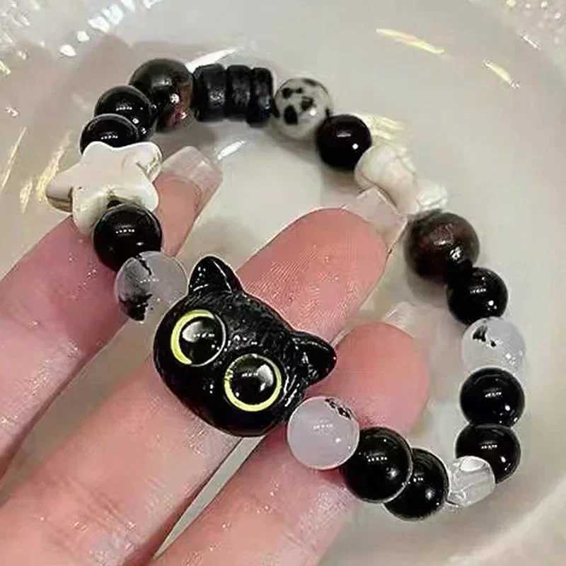 Cute natural stone black cat bracelet for mens fashion cartoon animal bead bracelet handmade fashion girl jewelry gift W240913