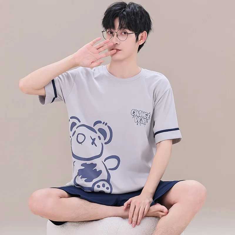 2 Pieces Set Mens Summer Cotton Pajamas Set Short Sleeping Tops Pants Sleepwear Male Casual Nightwear Pijama pyjama night cloth Y240913