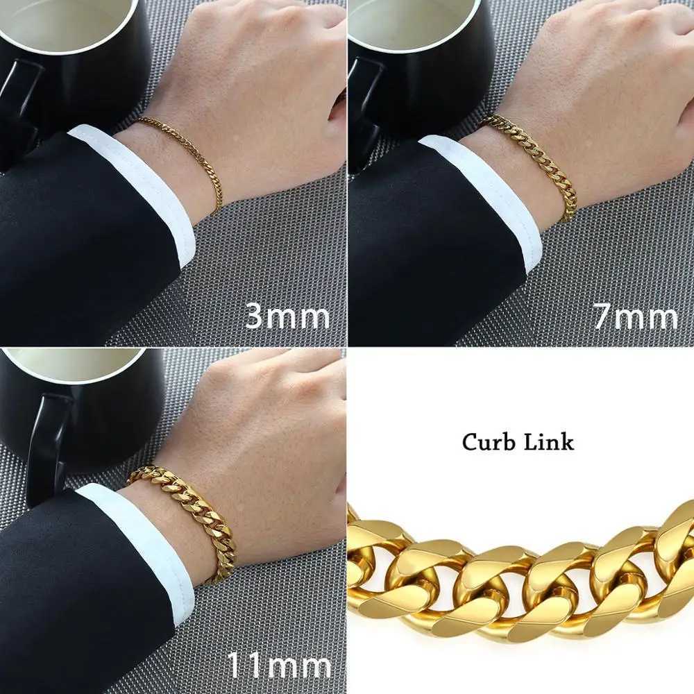 Polished Stainless Steel Bracelet for Men Women Gold Color Black Color Punk Casual Curb Cuban Link Chain 3/5/7/9/11mm KBM158AX240913
