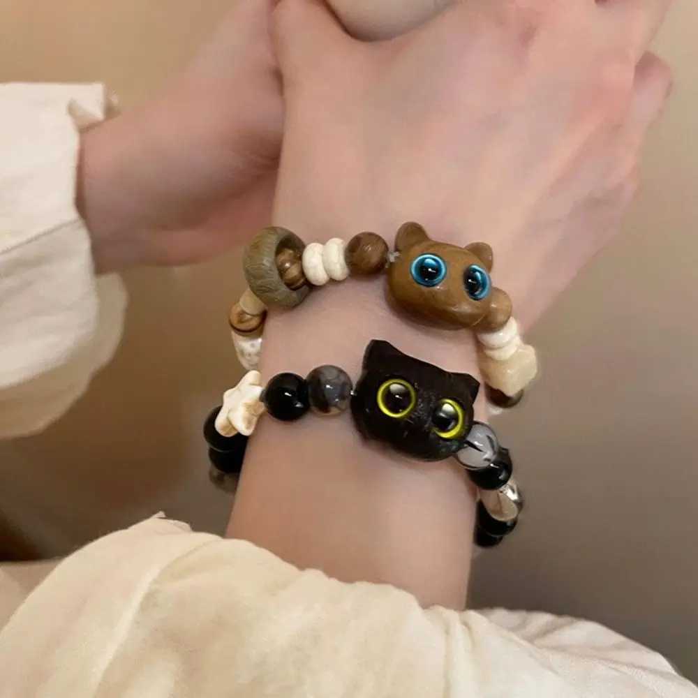 New Chinese Style Black Cat Bracelet Wooden Hand Rope Cartoon Bracelet Glass Jewelry Accessories Handmade Bead Bracelet for Girls W240913