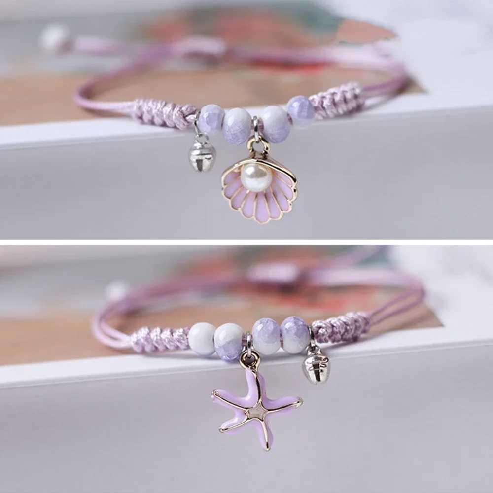 Creative starfish shell pearl pendant bracelet womens handmade purple woven bracelet adjustable summer beach gift jewelry W250121