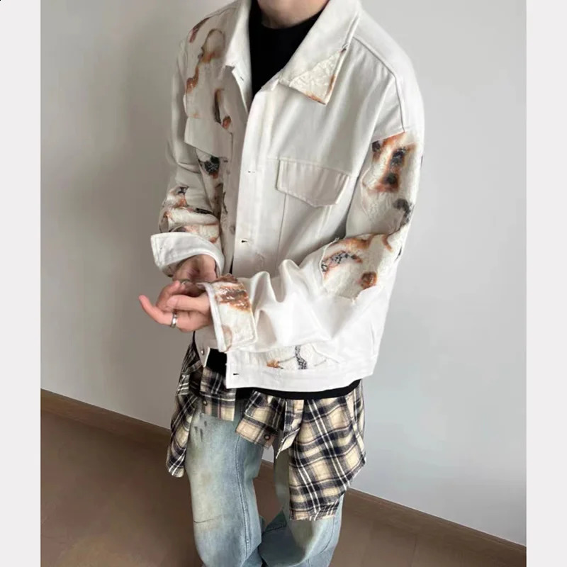 Mens Color Blocked Denim Jacket Spring Y2K American Street Lace Patchwork Loose Cowboy Coats Trend Unisex Outwear 240913