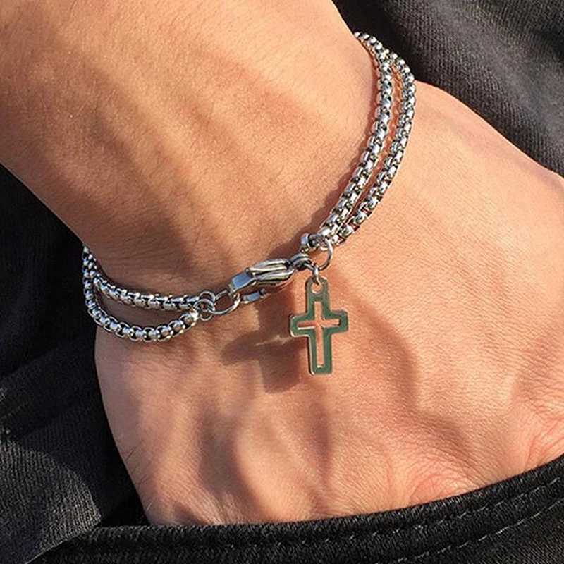 Hollow Cross Pendant Double Layer Bracelet Hip Hop Cool Men Hand Accessories Anniversary Party Jewelry GiftsX240913