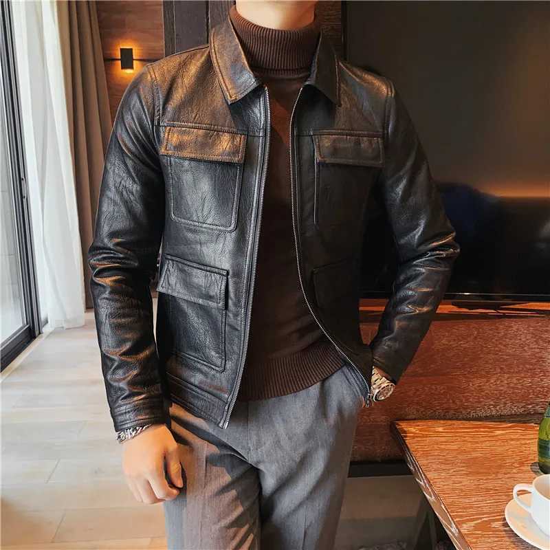 Winter Solid Color Leather Jacket Men Slim Fit Plus Velvet Thickened Motorcycle Bike Jacket Casual Streetwear Social OvercoatX240913