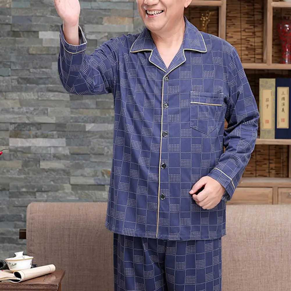 Men Pajama Set Mid-aged Fathers Spring Summer Pajamas Set with Long Sleeve Shirt Wide Leg Pants for Comfortable Homewear Y240913