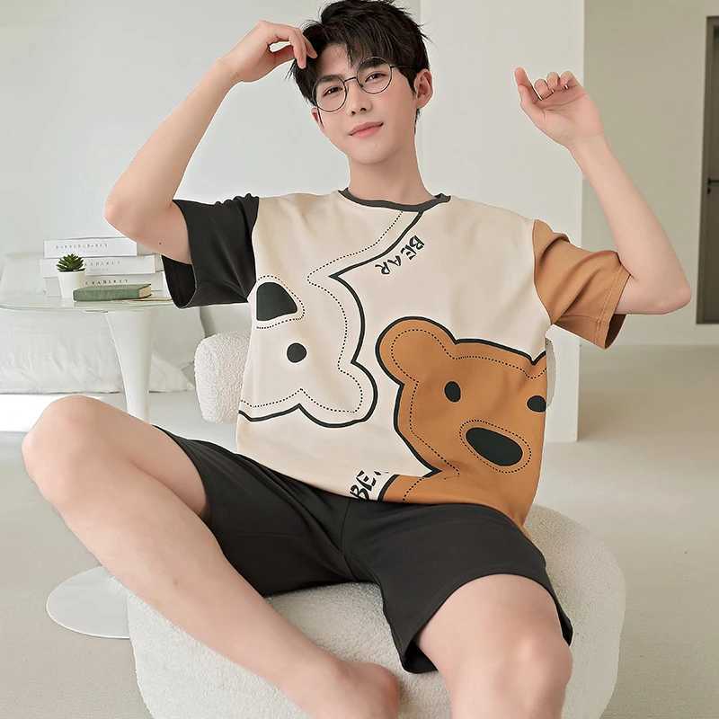 2024 Summer Mens Sleepwear Cotton Cartoon Pajamas Sets For Man Short Loungewear Young Home Wear Fasion Student Pyjama Set Homme Y240913