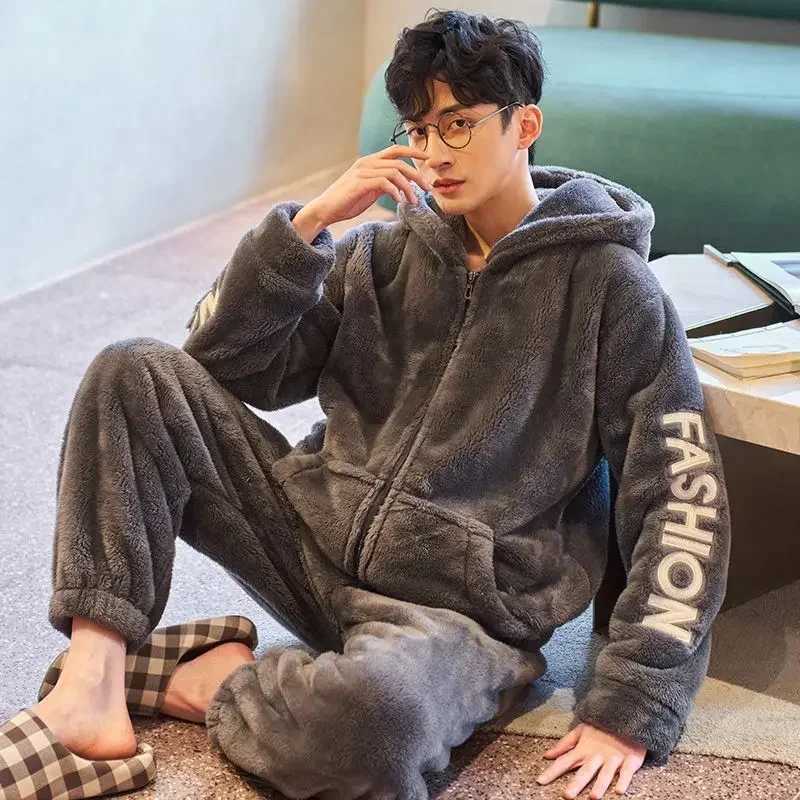 Autumn Winter Men Pajamas Coral Velvet Padded Male Hooded Loungewear Thickened Warm Flannel Cotton-padded Jacket Homewear Suit Y240913