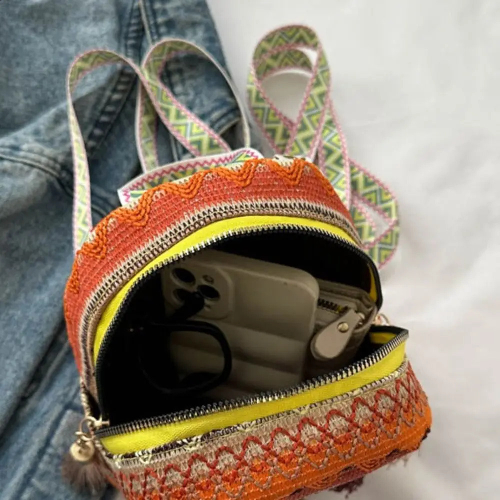 Embroidery ethnic style tassel backpack striped elementary school bag canvas tassel shoulder bag Korean style large capacity 240912