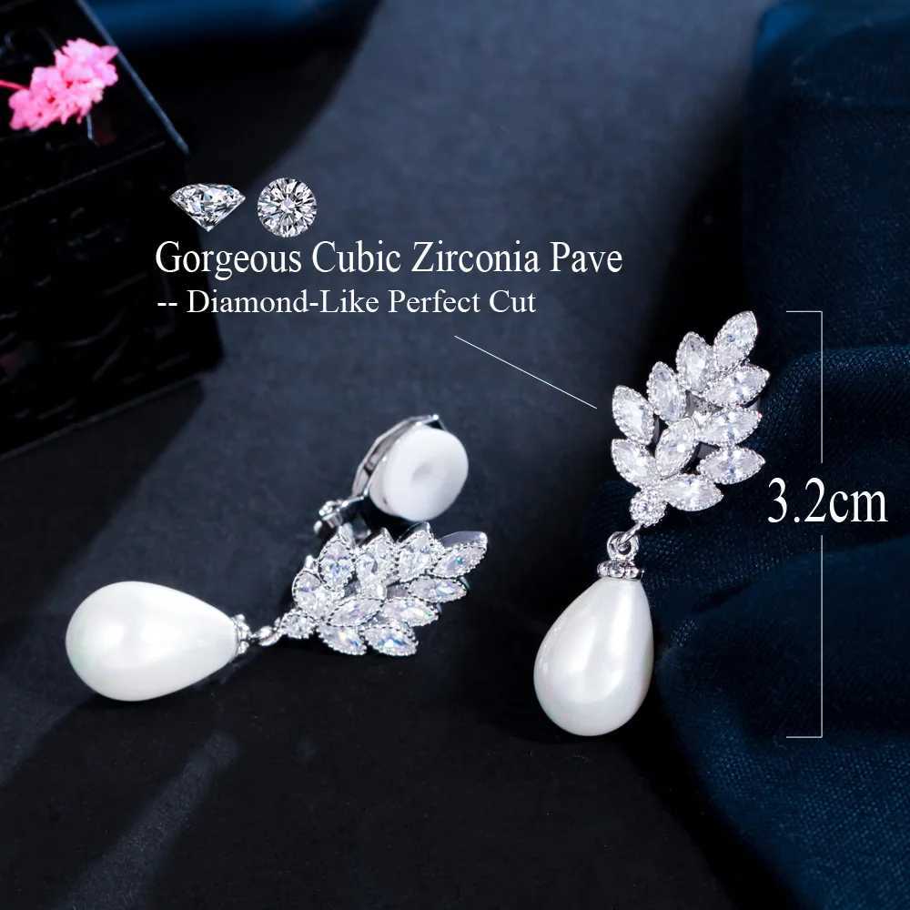 CWWZircons Shiny Cubic Zirconia Pave Leaf Shape Dangling Pearl Non Pierced Ear Clips on Earrings for Women without Hole CZ037X240913