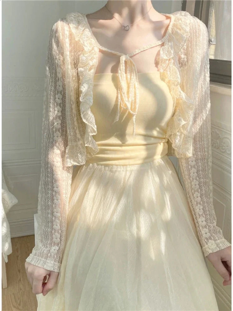 Summer Apricot Lace Belt Women Cardigan Korean Fashion Vneck Long Sleeve Cropped Tops Sweet Slim Thin Sunscreen Jacket Female 240910