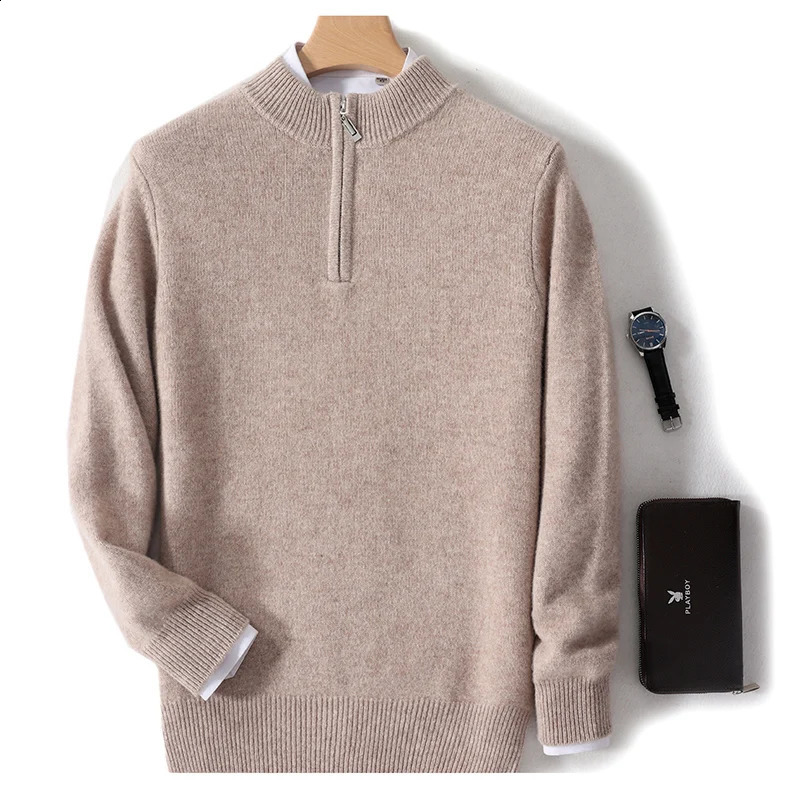 100% cashmere sweater Mens zipper half turtleneck long-sleeved business casual sweater 240912