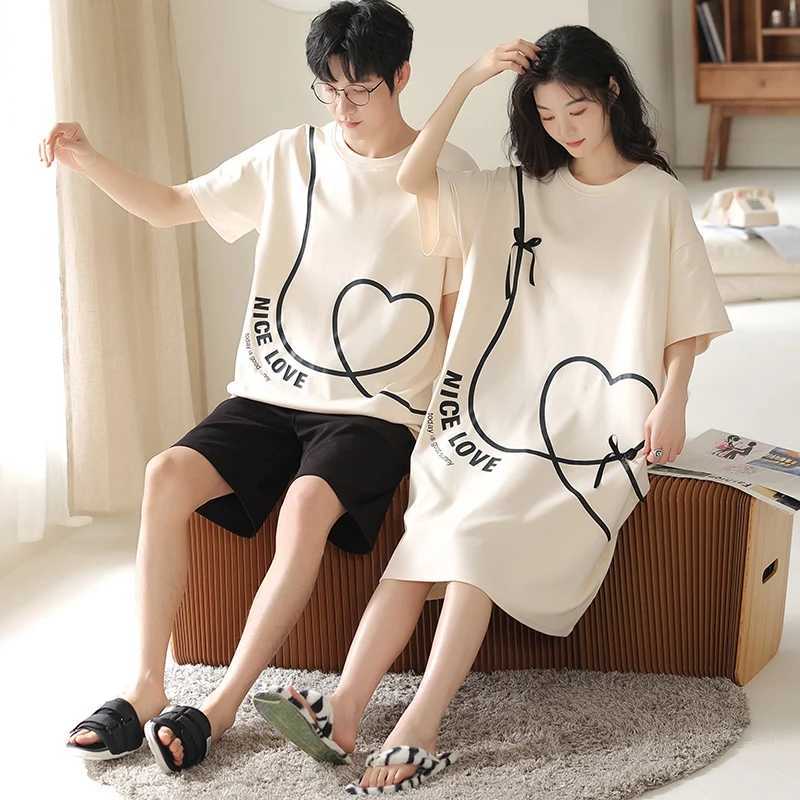 Summer Couple Pajama Sets 100%Cotton Men Short Sleeve Pyjamas Sexy Women Nightgown Y240913