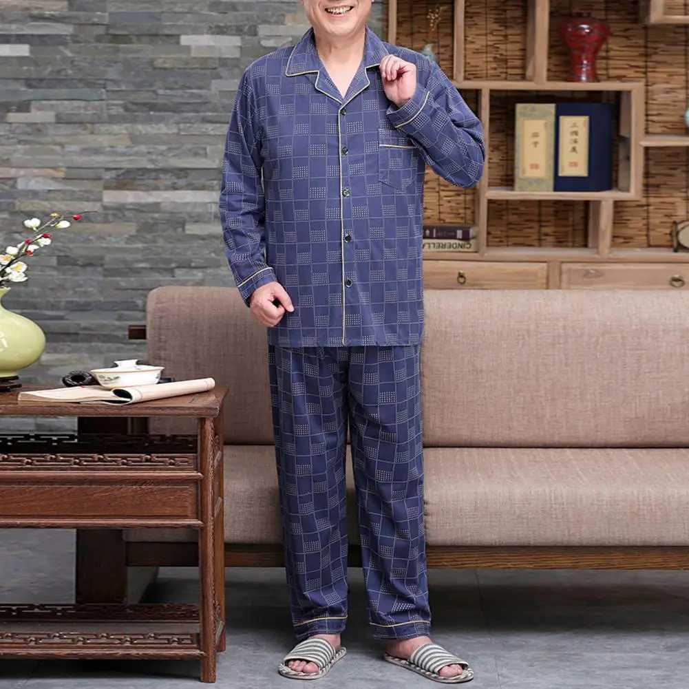 Men Pajama Set Mid-aged Fathers Spring Summer Pajamas Set with Long Sleeve Shirt Wide Leg Pants for Comfortable Homewear Y240913