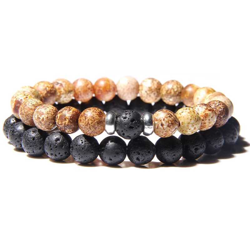 2 pieces/set couple distance bracelet male black lava stone bead bracelet female wooden bead charm bracelet W240913