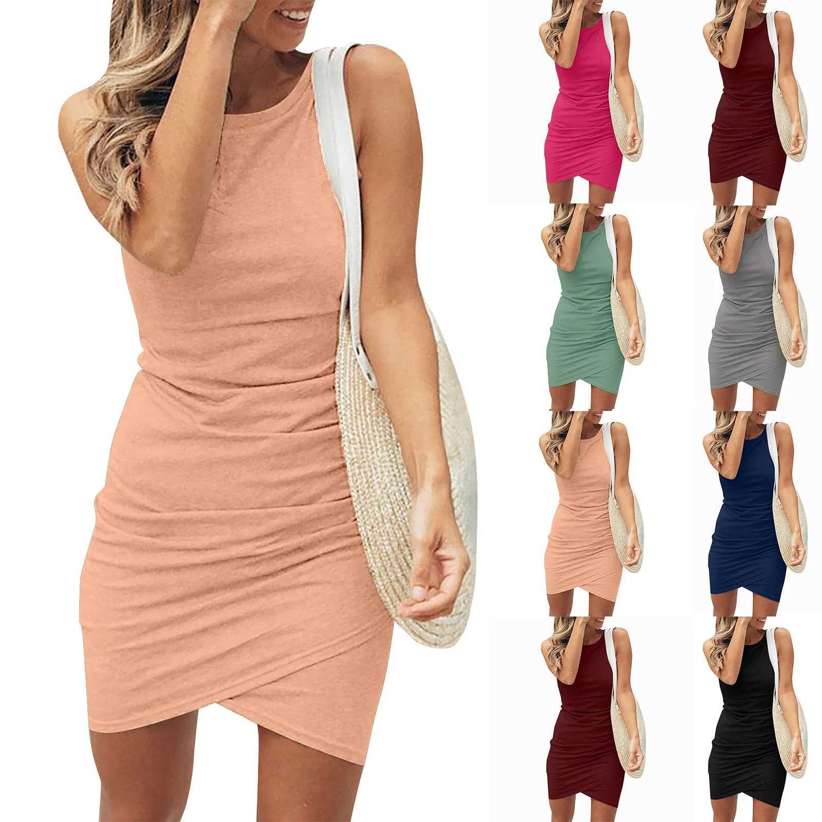 Womens summer casual sexy solid color round neck sleeveless wrapped irregular hem party club pleated ultra-thin mini dress W240913