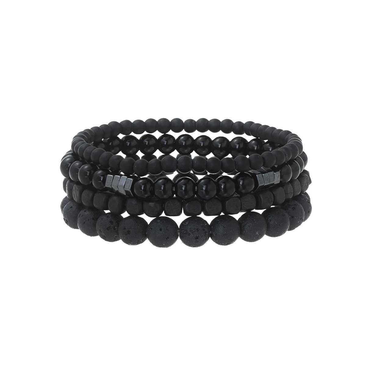 4-piece set of black volcanic stone bead stacked mens fashion bracelet W240913
