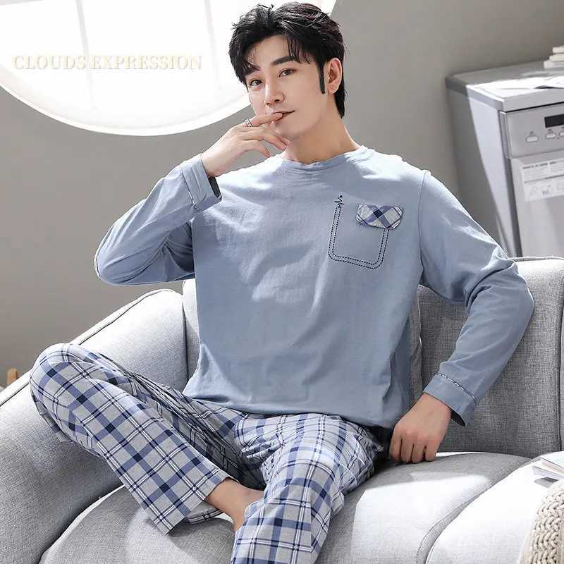 Spring Autumn L-4XL Knitted Cotton Simple Mens Pyjamas Suits Pajamas Set Casual Male Sleepwear Pyjamas Night Pijamas Homewear Y240913
