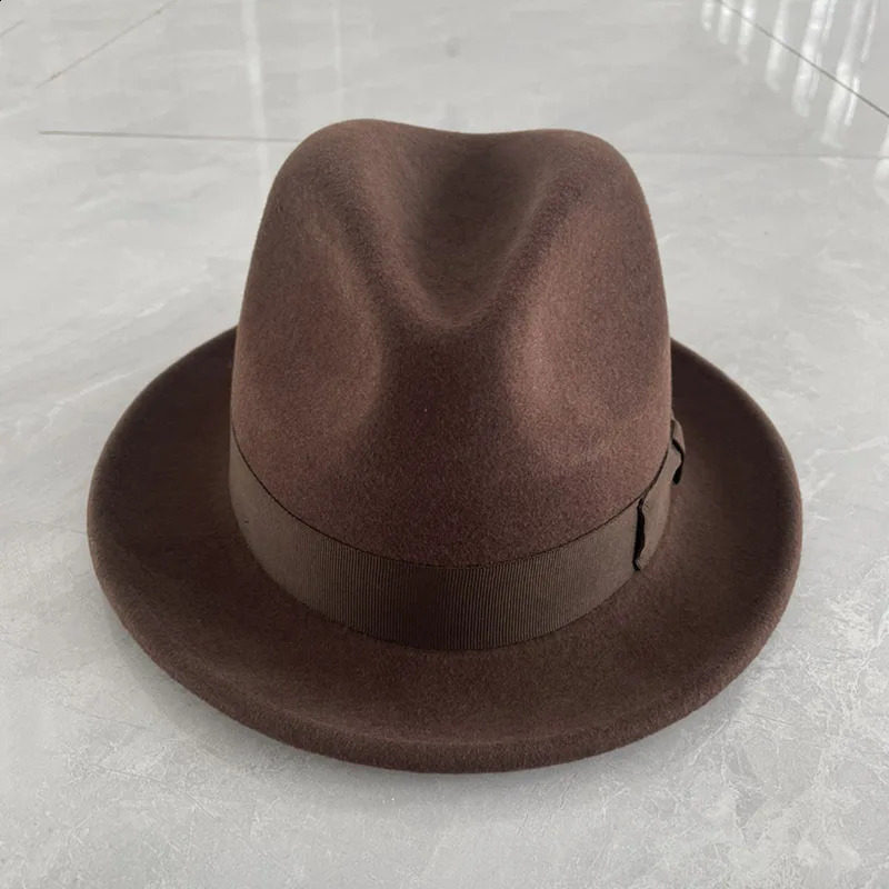 British Short Brim Fedora Hat Mens Wool Felt Trilby Hat Big Head Satin Thread High Quality Container 240909 - view 7