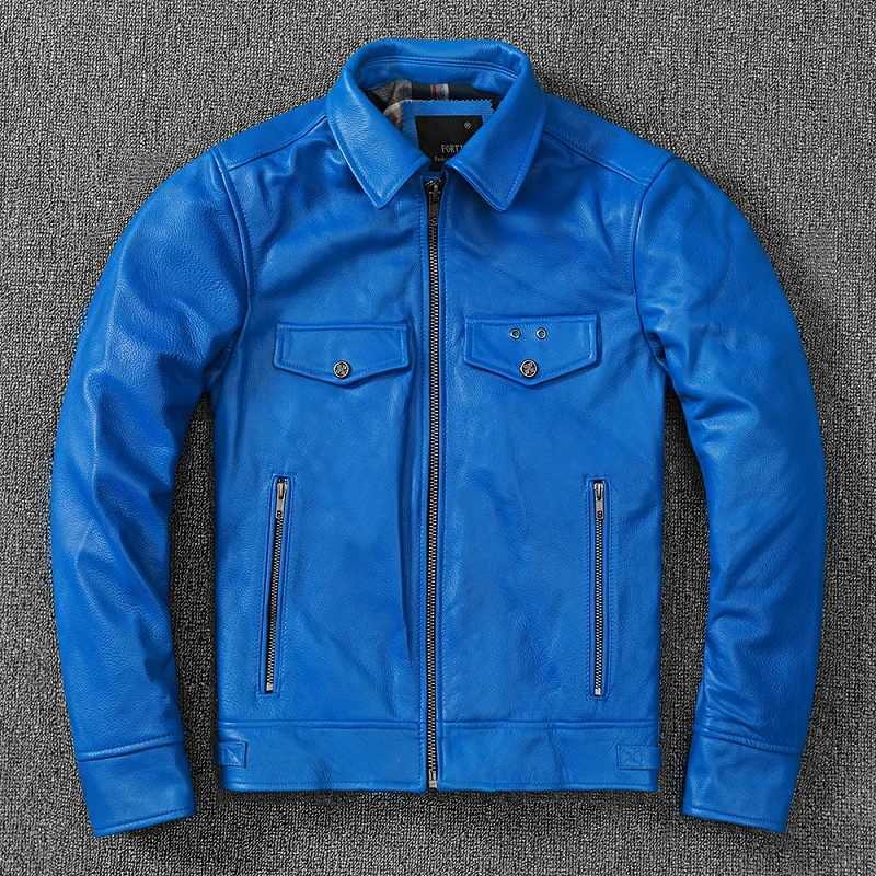 Free shipping.fashion brand men leather jacket.blue slim cowhide leather garments.dropship cheap leather clothes.Plus sizeX240913