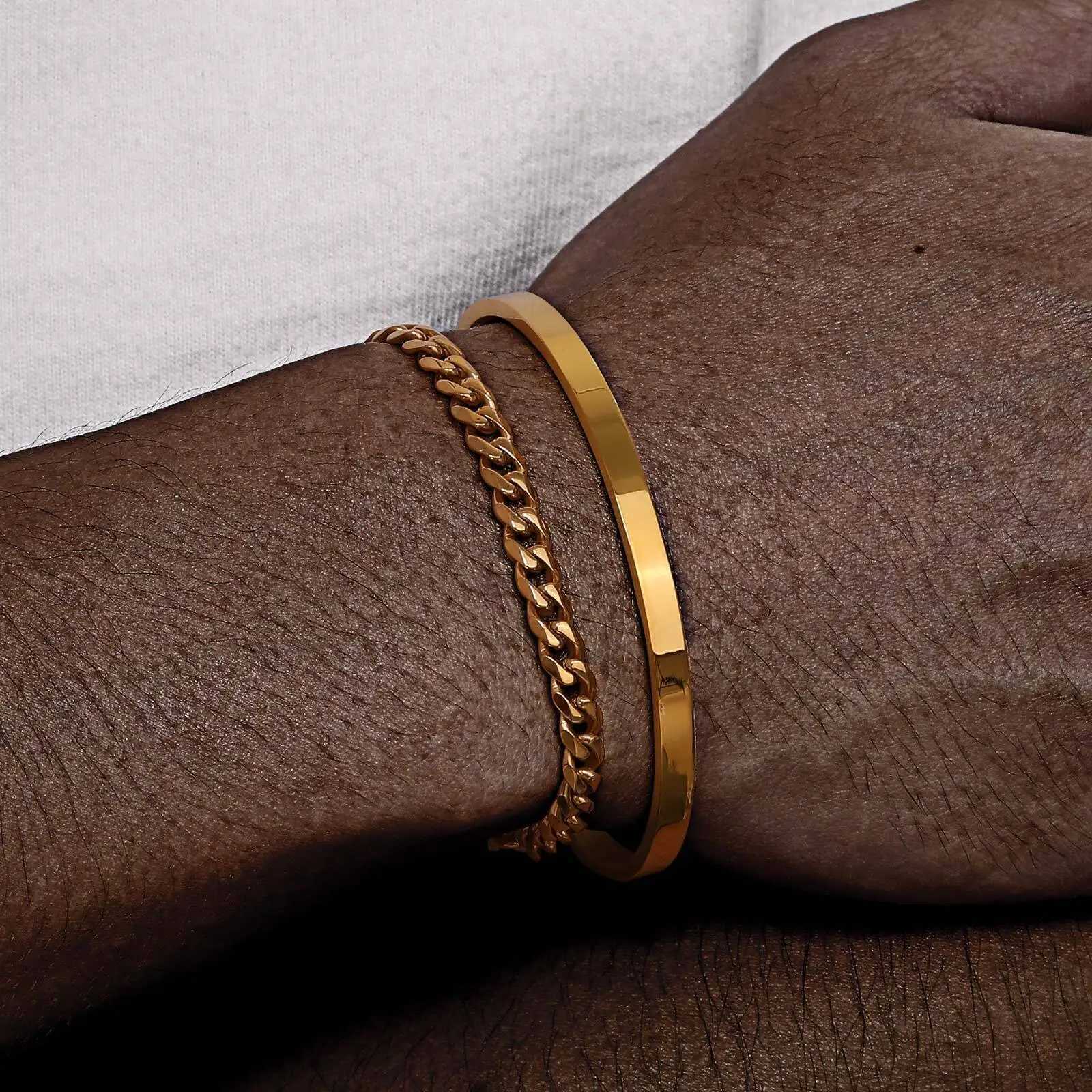 Vnox 2pcs Stackable Bracelets for Men Teens Open Cuff Bangle Twisted Rope Figaro Chain Cuban Link Chain Bracelets SetX240913