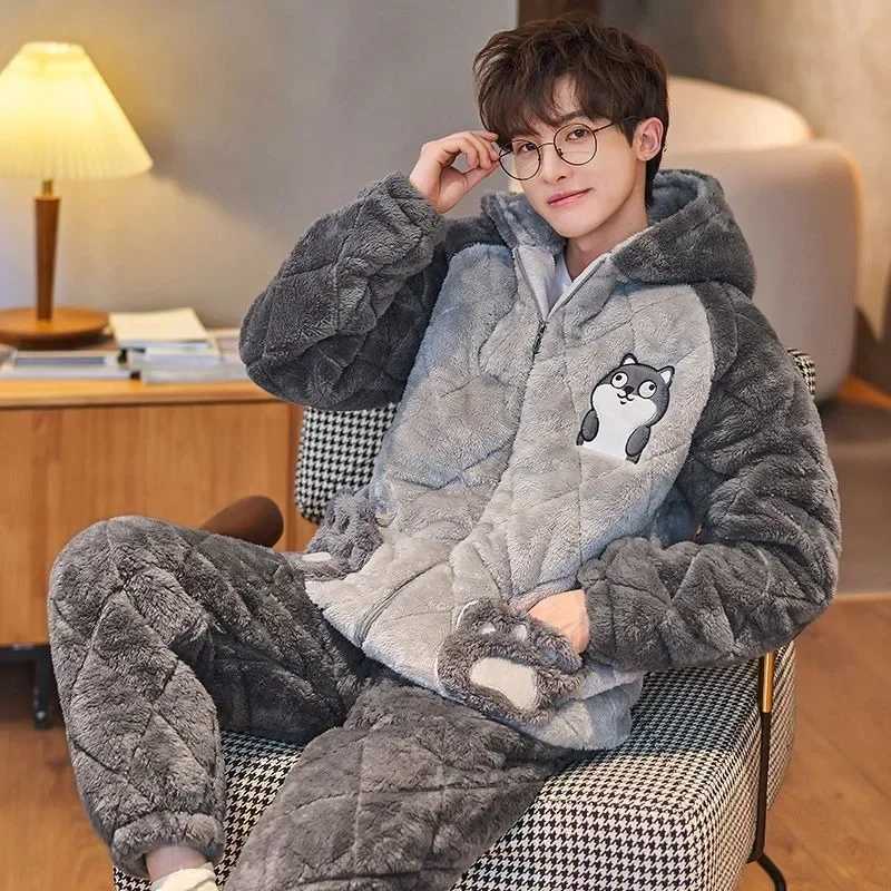 Pajamas Men Homewear Suit Winter Coral Fleece Home Sleep Clothes Thickened Three Layers Cotton Male Teen Plus Loungewear Set Y240913