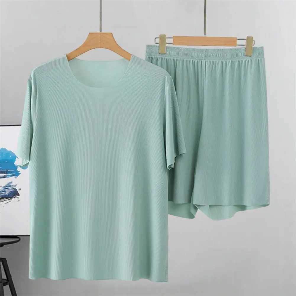 Men Homewear Set Mens Pajama Set O-Neck Short Sleeve Tops Elastic Waist Wide Leg Shorts Set Solid Color Ice Silk Male Homewear Y240913