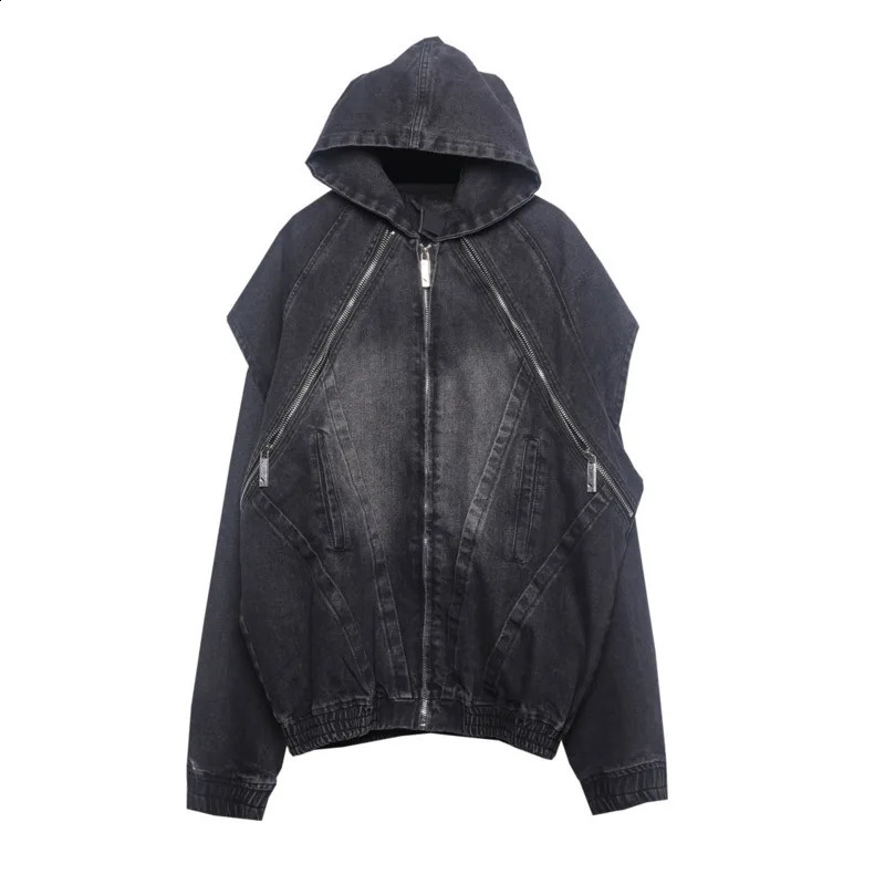 HKSH Mens Dark Structure n Heavy Weight Waste Land Denim Coat TwoPiece Safari Style Zipper Jacket Hooded HK2535 240905