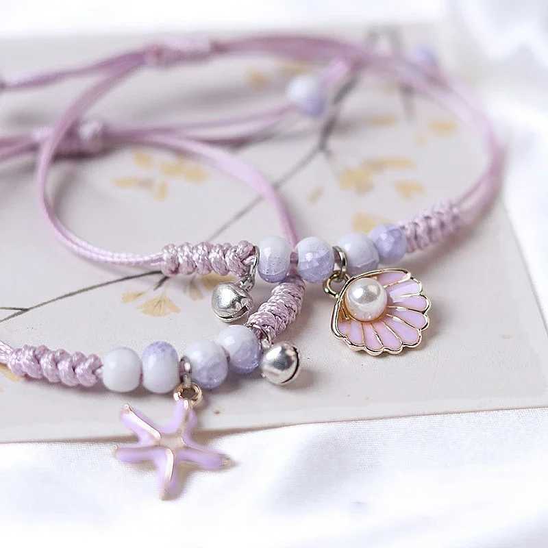 Creative starfish shell pearl pendant bracelet womens handmade purple woven bracelet adjustable summer beach gift jewelry W250121
