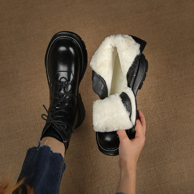 Round Winter Toe Chunky Heel Genuine Leather for Warm Wool Snow Boots Zipper Platform Shoes Women 860b Platm