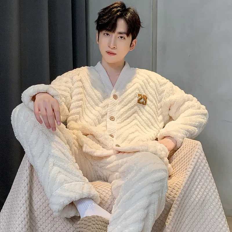 Mens Winter Warm Coral Fleece Pajama Sets Fluffy Coat + Long Pants Male Sleepwear for Sleeping 2 Pieces Home Wear Loungewear Y240913