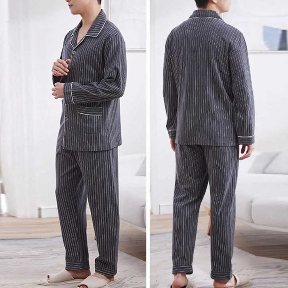 Elastic Waist Loungewear for Men Striped Turn-down Collar Mens Pajama Set Comfortable Homewear with Loose Wide Leg Trousers Y240913