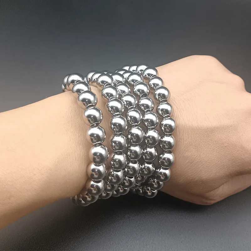 Silver Color Elastic Stainless Steel Bracelet Metal Ball 2/4/5/6/8/10mm Beaded Chain Bracelet For Women Men High Quality JewelryX240913