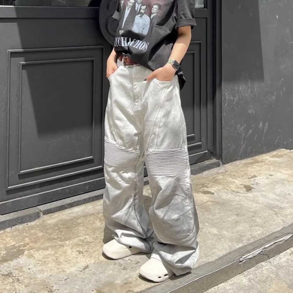 Dirty Dyed Patchwork Wide Leg Baggy Jeans for Men and Women Straight Y2k Ropa Hombre Denim Trousers Oversized Casual Cargo Pants M240912