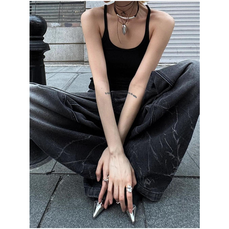 Women Black Jeans Contrasting Colors High Waist American Street Wide Leg Pants Fashion Hip Hop Vintage Straight Autumn Trousers