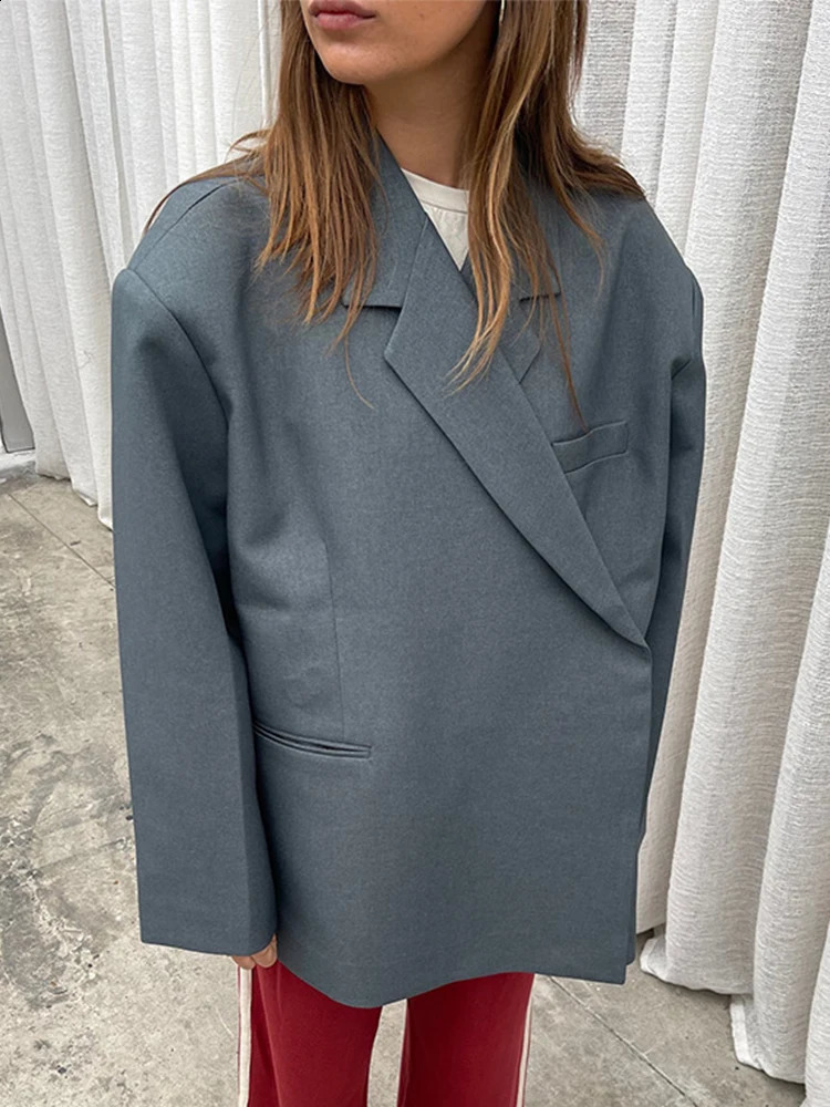 Fashion Lapel Suit Blazer Women Casual Long Sleeve Side Slit Hidden Buckle Gray Jacket Top Lady Loose High Street Outerwear 240904